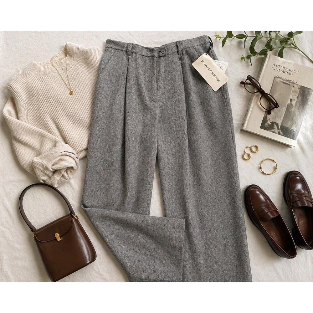 Evan-Picone Regency Women's Wool Blend Herringbone Trousers Gray Sz 14 NWT